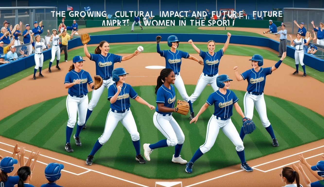 A group of women playing baseball on a field, surrounded by cheering fans and coaches, showcasing the growing cultural impact and future potential for women in the sport