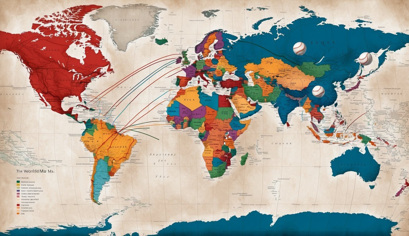 A world map with baseballs flying between countries, connecting them