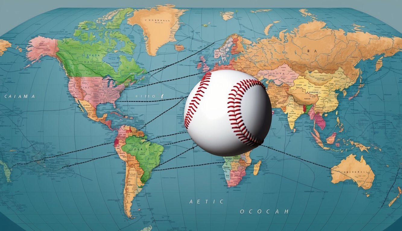 A baseball flying over a world map, connecting various countries with dotted lines, symbolizing the globalization of professional baseball