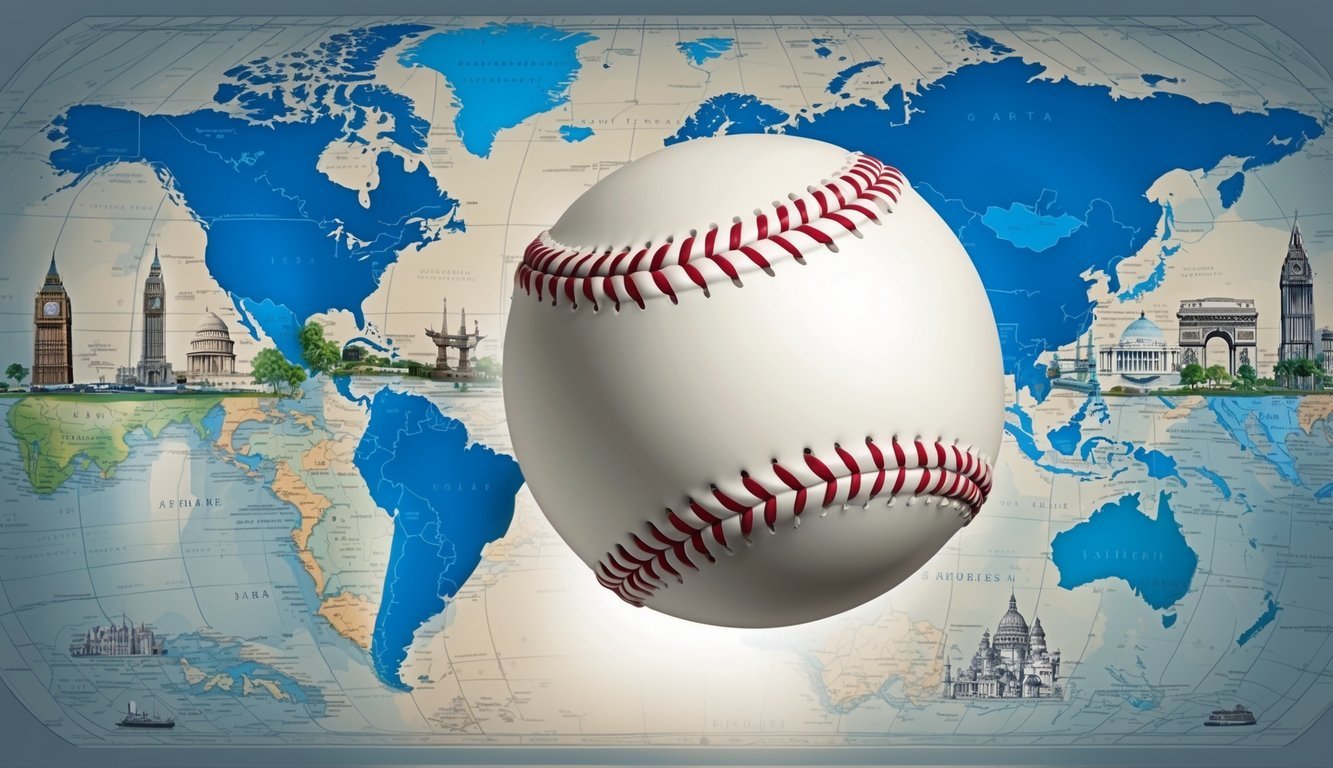 A baseball soaring over a world map, with various international landmarks in the background, symbolizing the global expansion and challenges of the sport