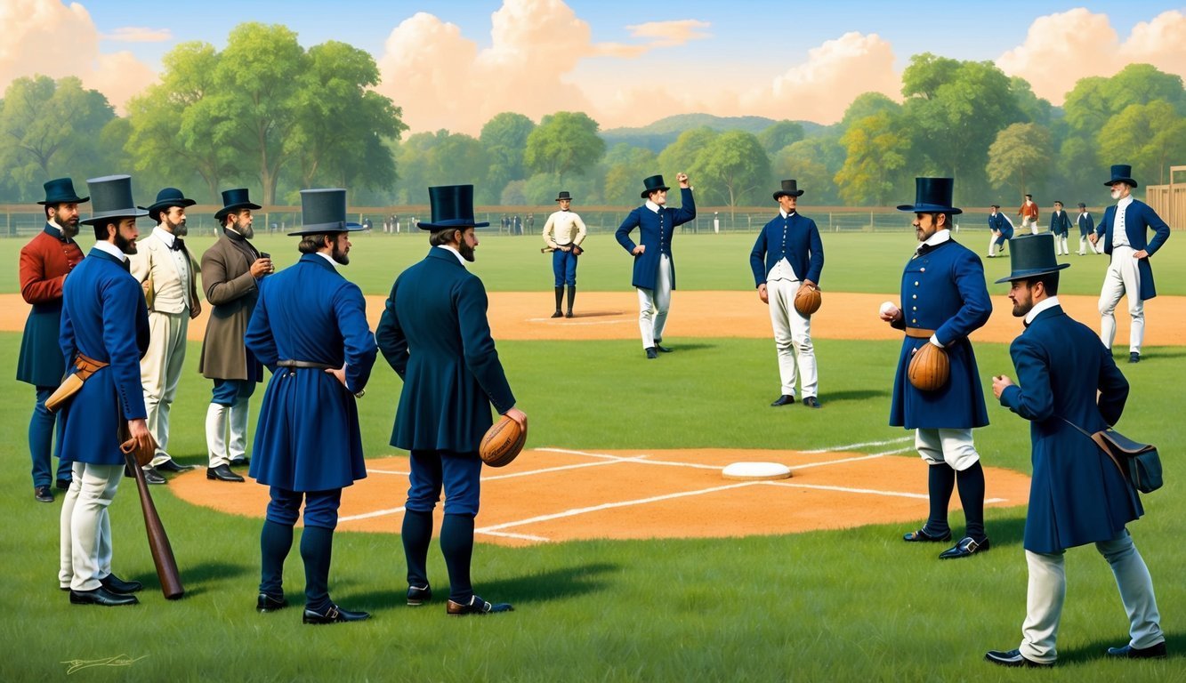 Men in historical attire playing baseball on a green field
