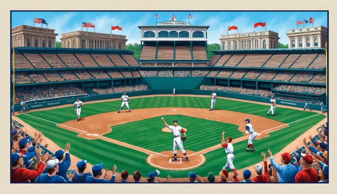 A baseball diamond with players in historic uniforms, surrounded by cheering fans and vintage stadium architecture