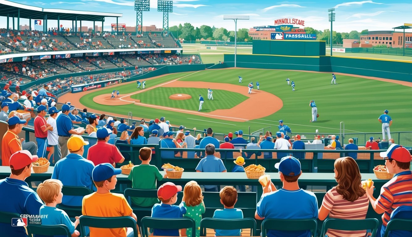 Crowds gather at a minor league baseball stadium, vendors sell snacks, and families enjoy the game, highlighting the economic and community impact of the sport