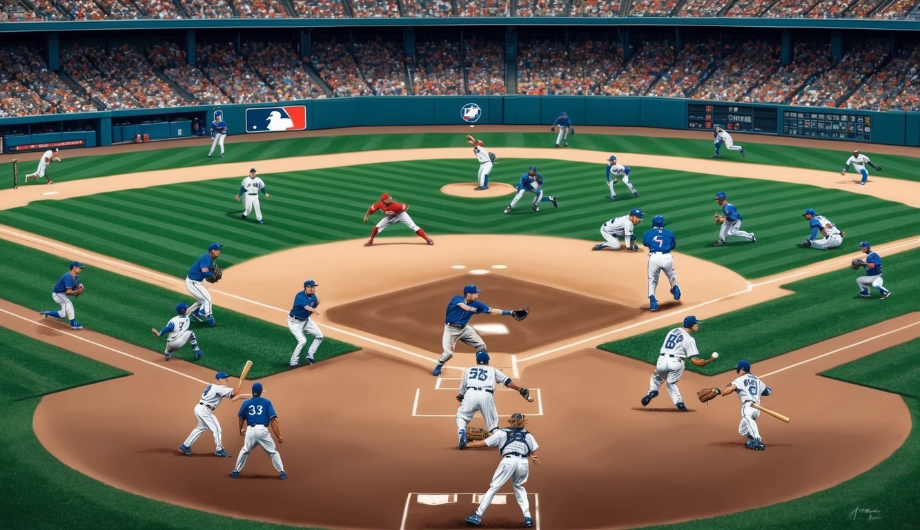 A baseball field filled with iconic players making game-changing plays