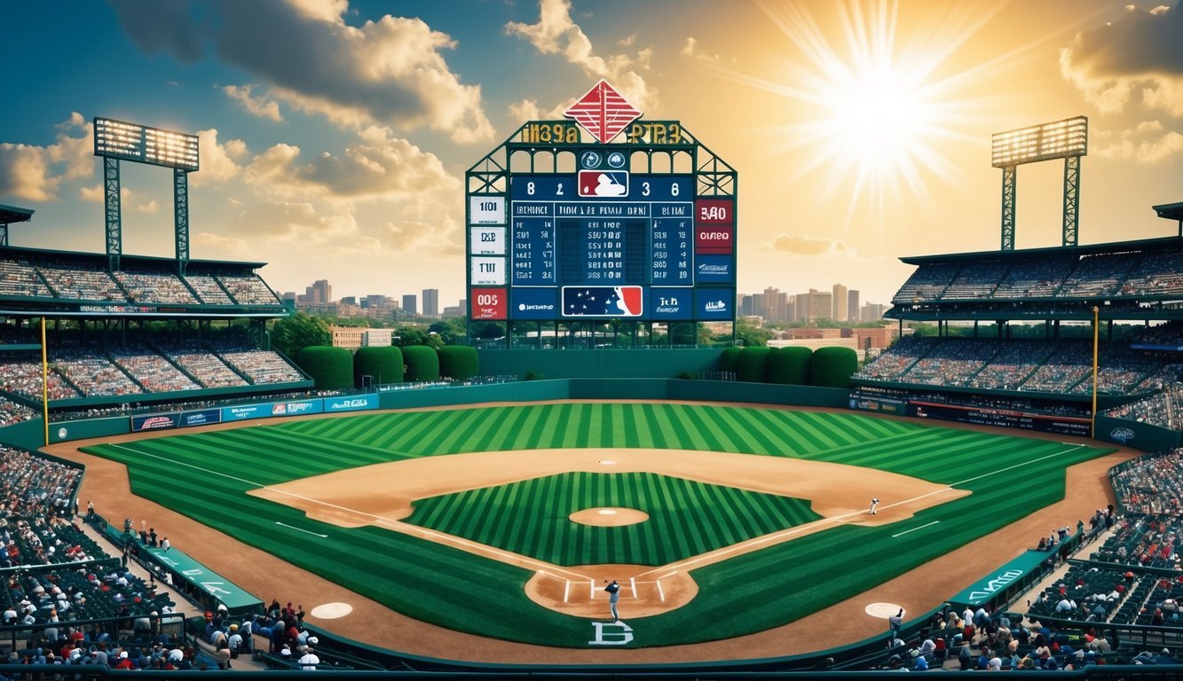 A sun-drenched baseball field with a packed stadium, green grass, and a towering scoreboard, evoking the historic moments of baseball