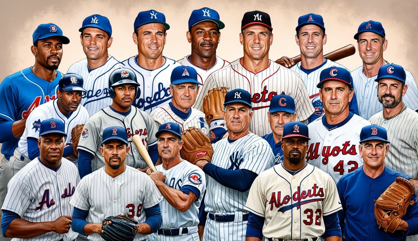 A group of iconic baseball players from different eras gathered together, each representing the enduring influence and cultural impact of the sport