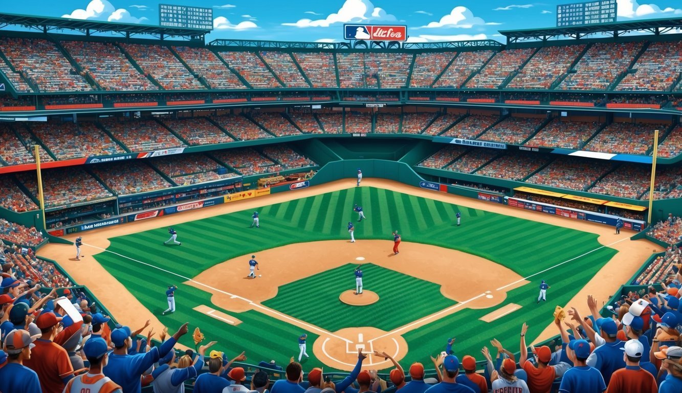 Baseball game in a packed stadium with players on the field