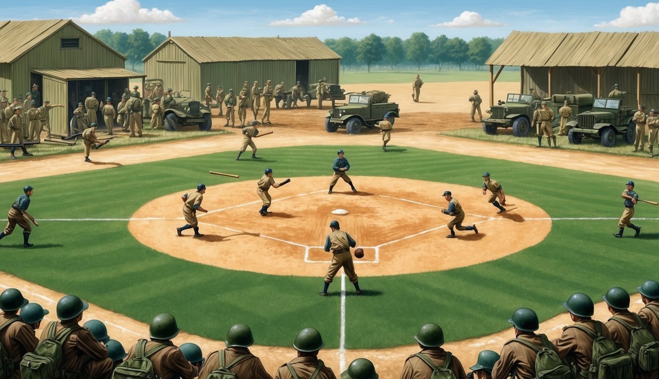Soldiers playing baseball on a field, military vehicles in the background