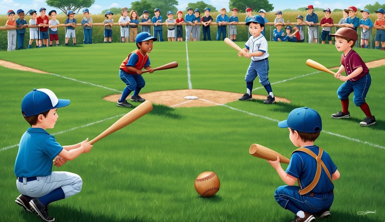 A group of children playing a game of baseball in a grassy field, with a wooden bat and a hand-sewn leather ball.</p><p>A small crowd of onlookers watches from the sidelines, enjoying the game