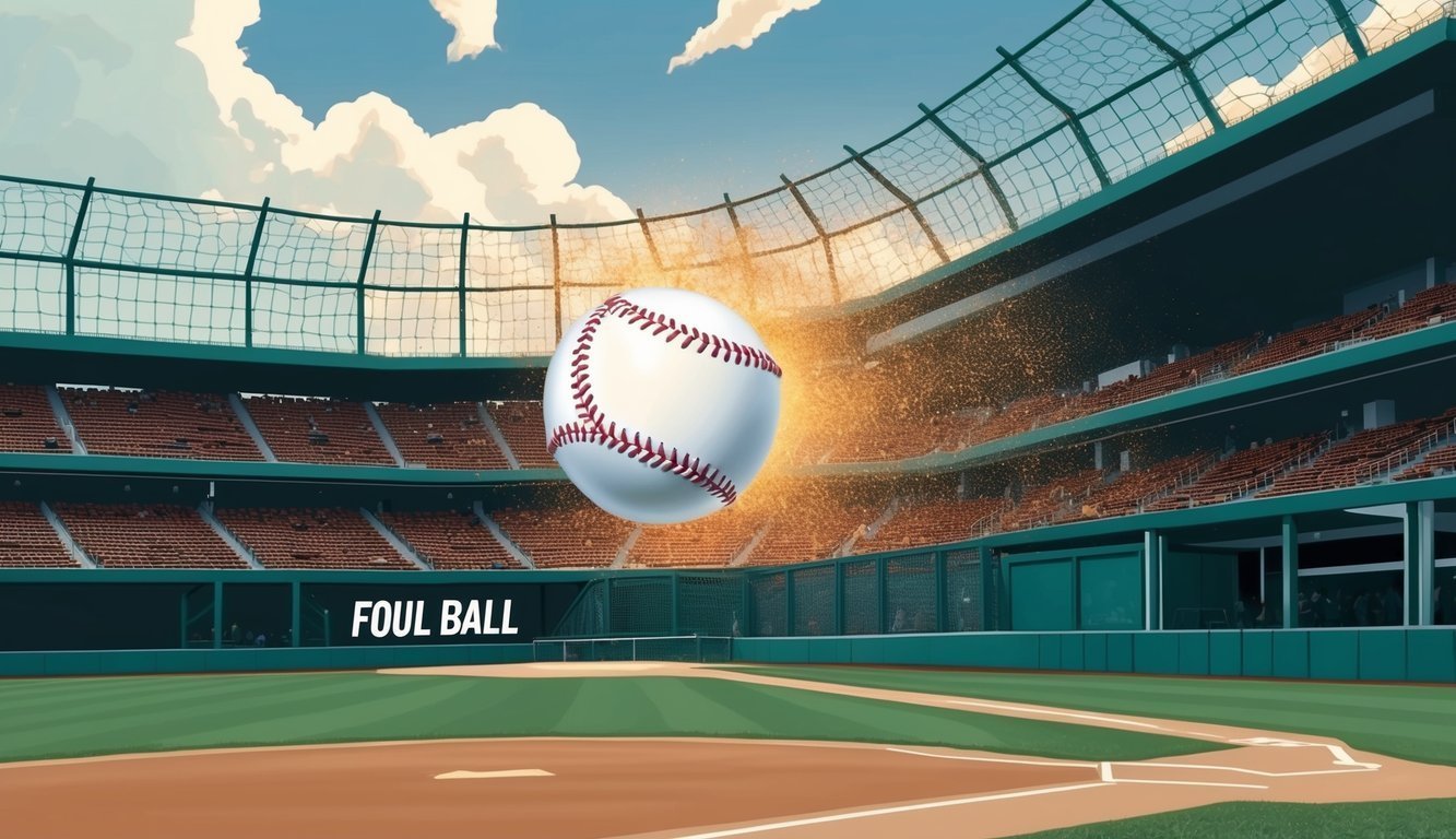 Baseball stadium with a foul ball in the air, text reads "Foul Ball"