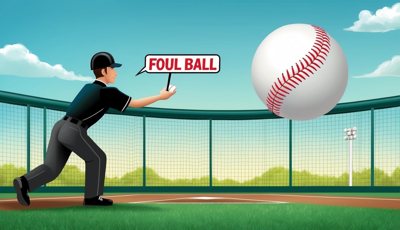 A baseball soaring over the fence, labeled "foul ball" by the umpire