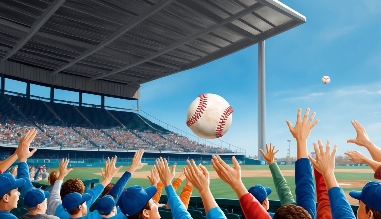 A baseball soaring into the stands, narrowly missing the outstretched hands of eager fans