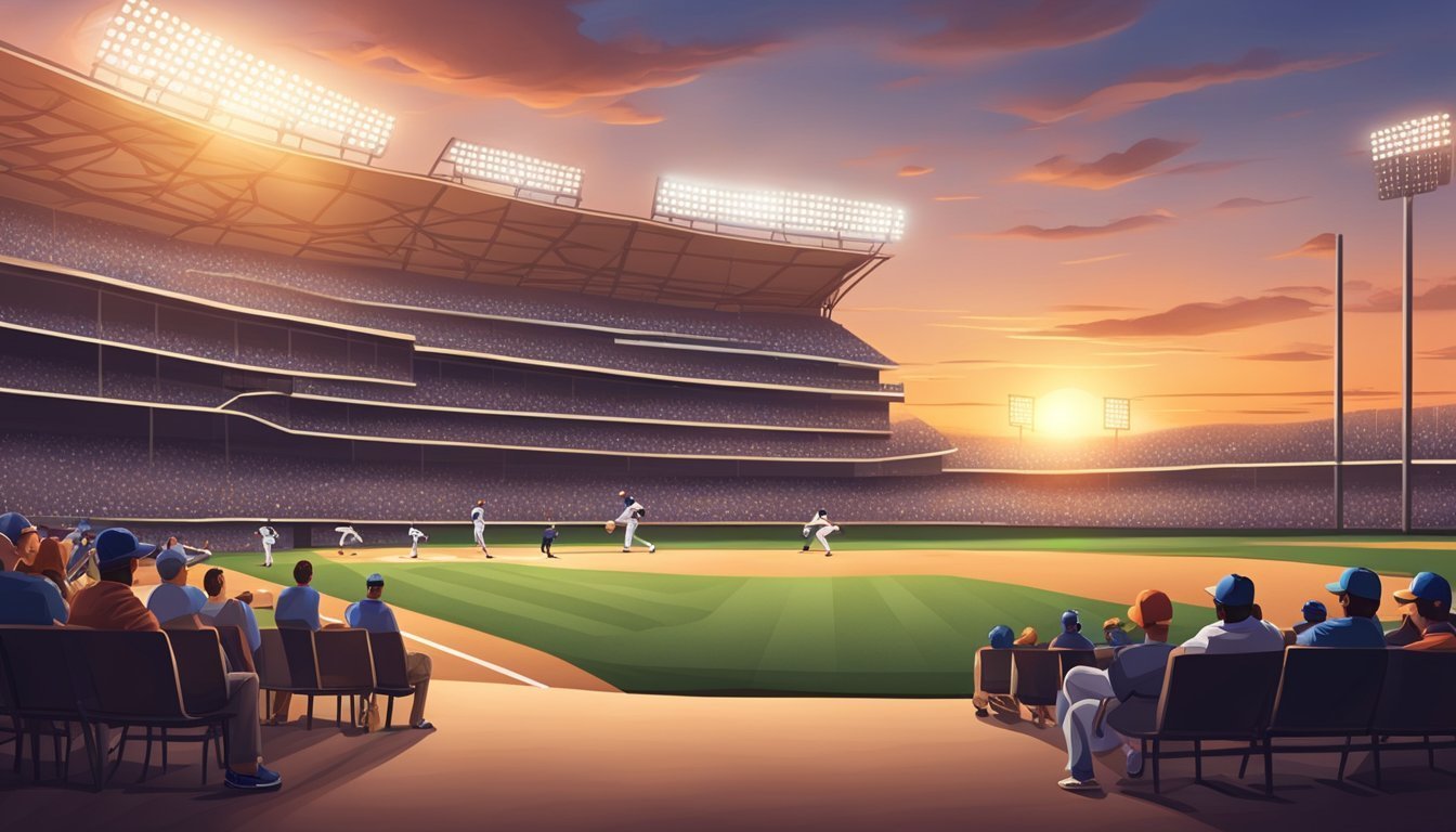 Baseball game at sunset, stadium filled with spectators, players on the field