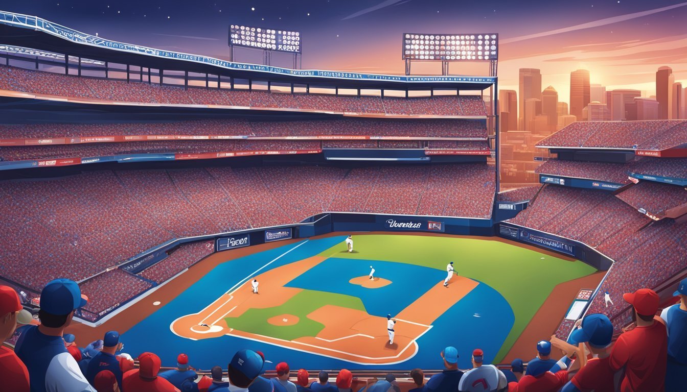 Baseball stadium with players on the field, fans in the stands, and city skyline