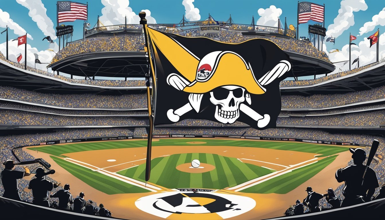 Pittsburgh Pirates baseball stadium with a pirate flag in the foreground
