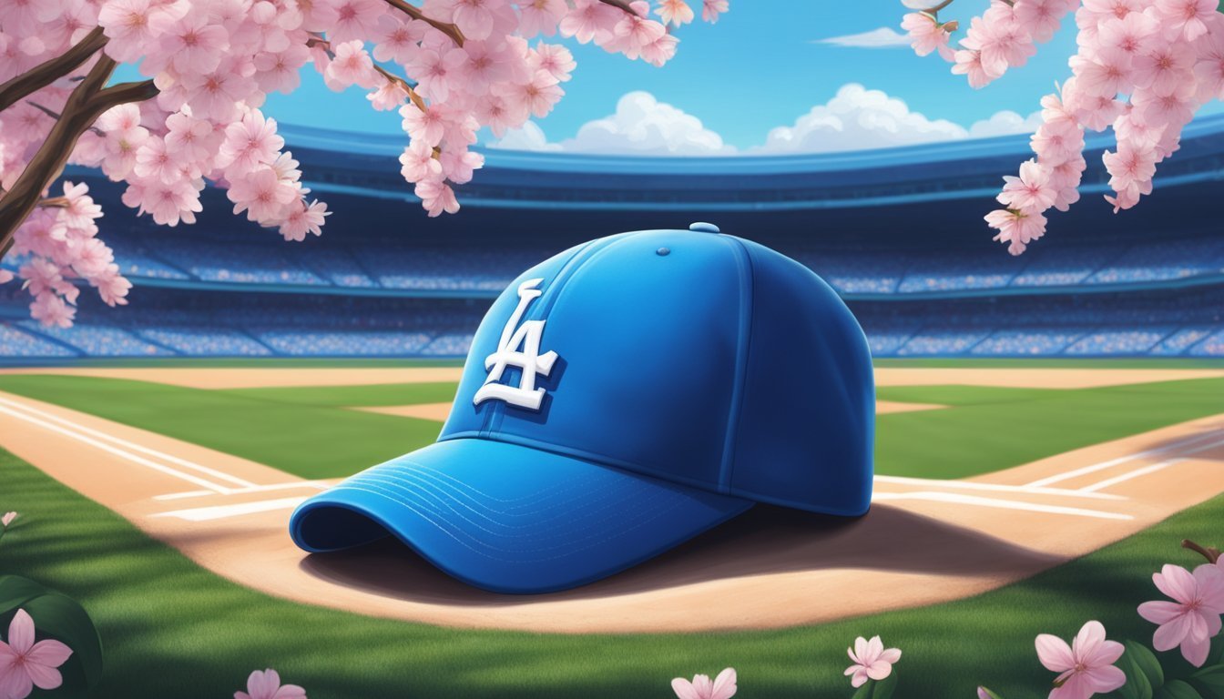 Blue Los Angeles Dodgers baseball cap on a baseball field with cherry blossoms