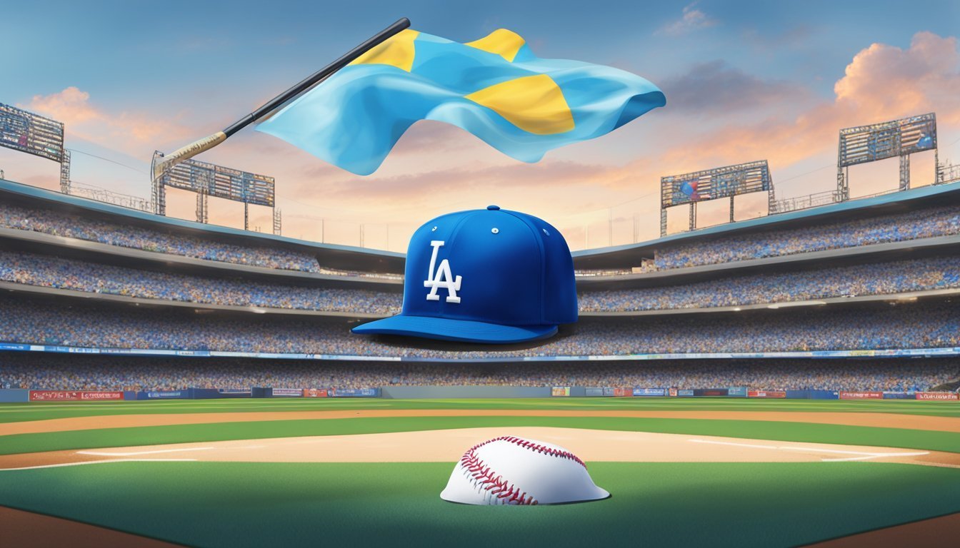 Baseball stadium with a Dodgers hat, baseball, and a flag