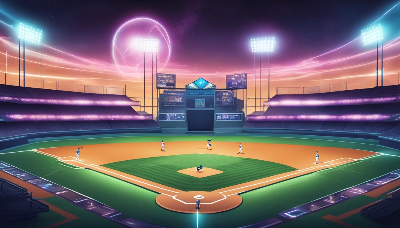 Baseball stadium with players under a glowing sky and a large orb