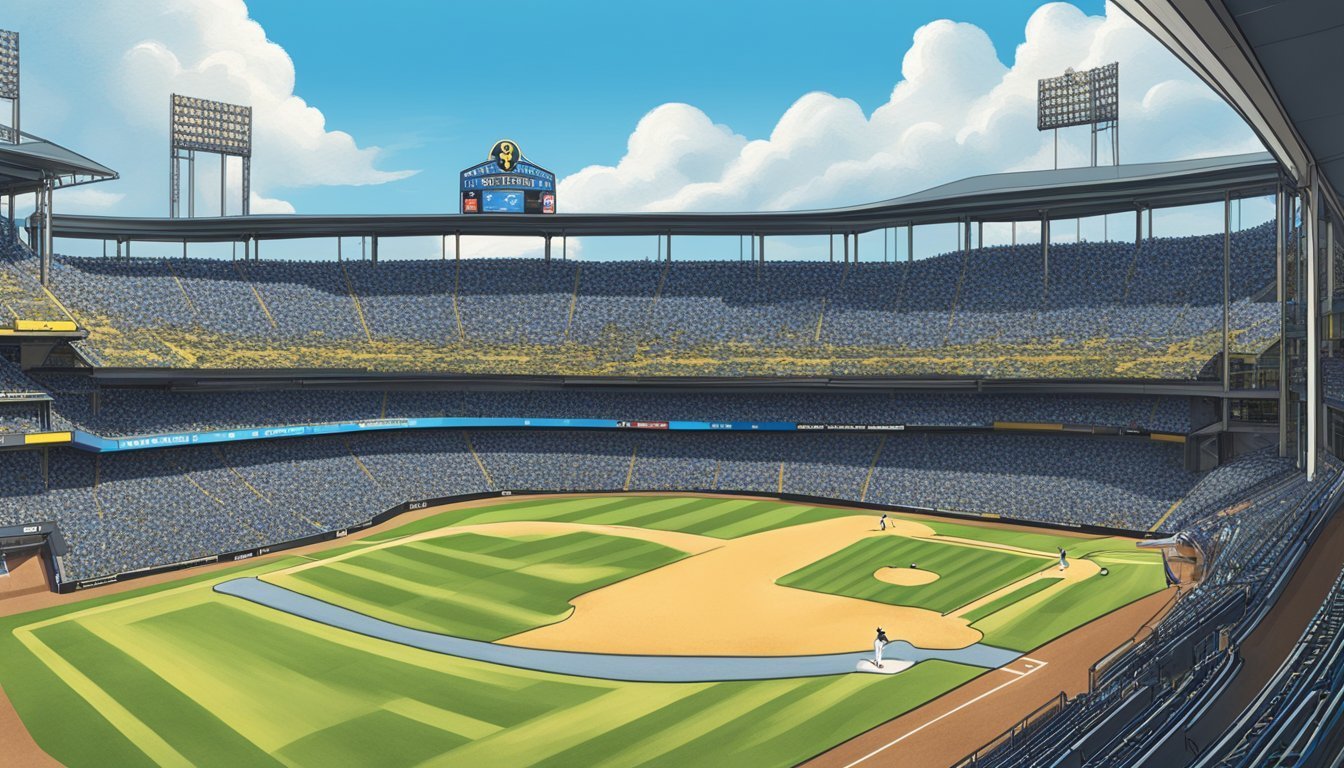 Baseball stadium with players on the field, empty seats, and a sunny sky