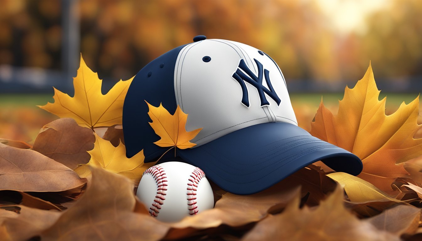 New York Yankees baseball cap and ball on autumn leaves