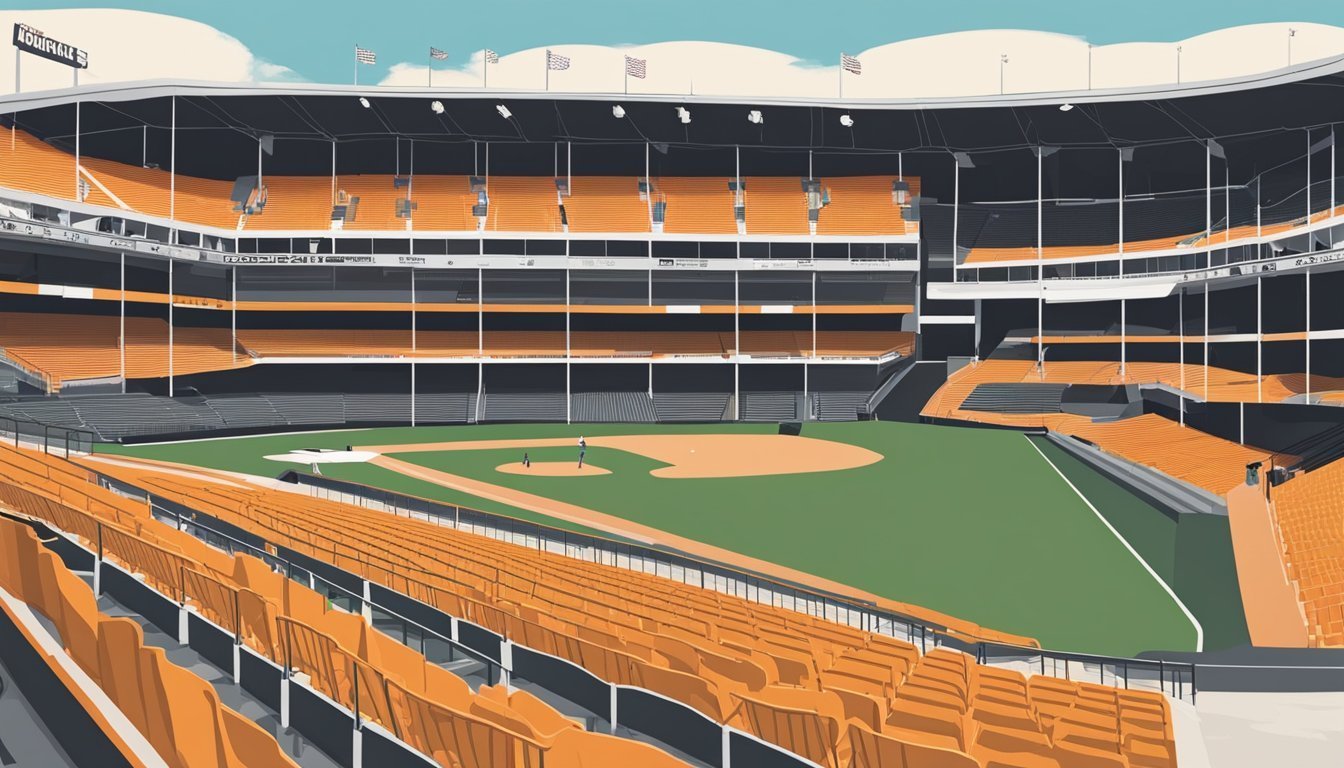 Baseball stadium with orange seats, green field, and players on the field