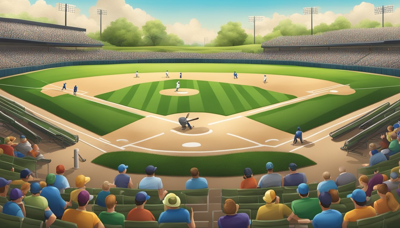 Baseball game in progress, with players on the field and spectators watching