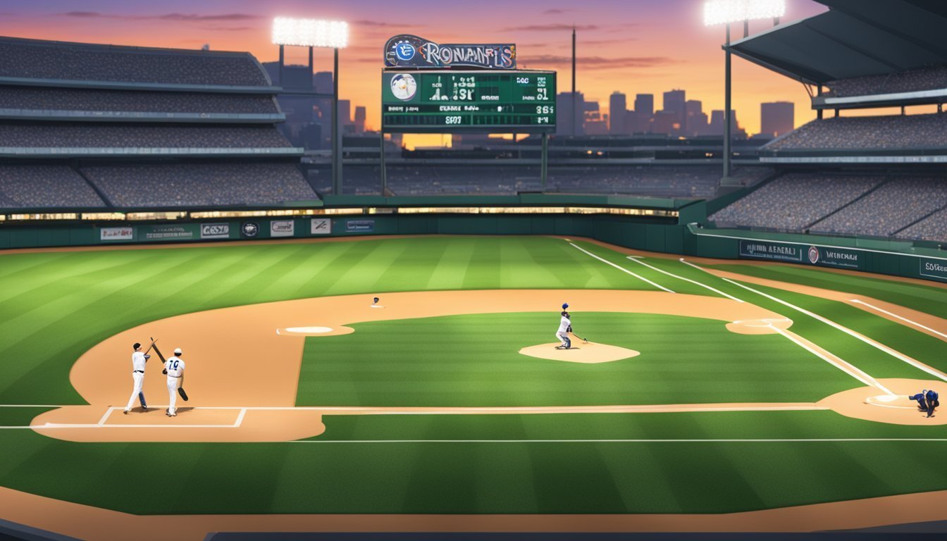 Baseball game in a stadium at sunset, with players on the field
