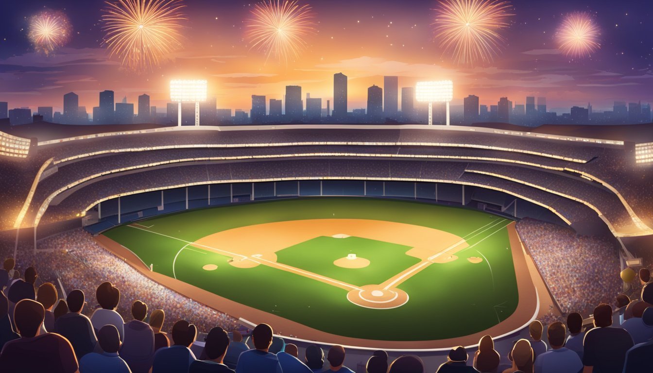 Baseball stadium with fireworks over a city skyline at dusk