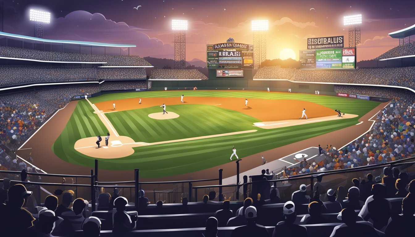 Baseball game at dusk, players on the field, stadium filled with fans