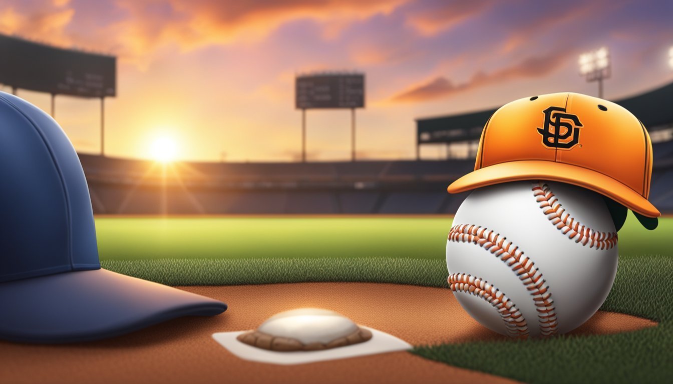 Baseball with orange cap on field at sunset. Blue cap and home plate