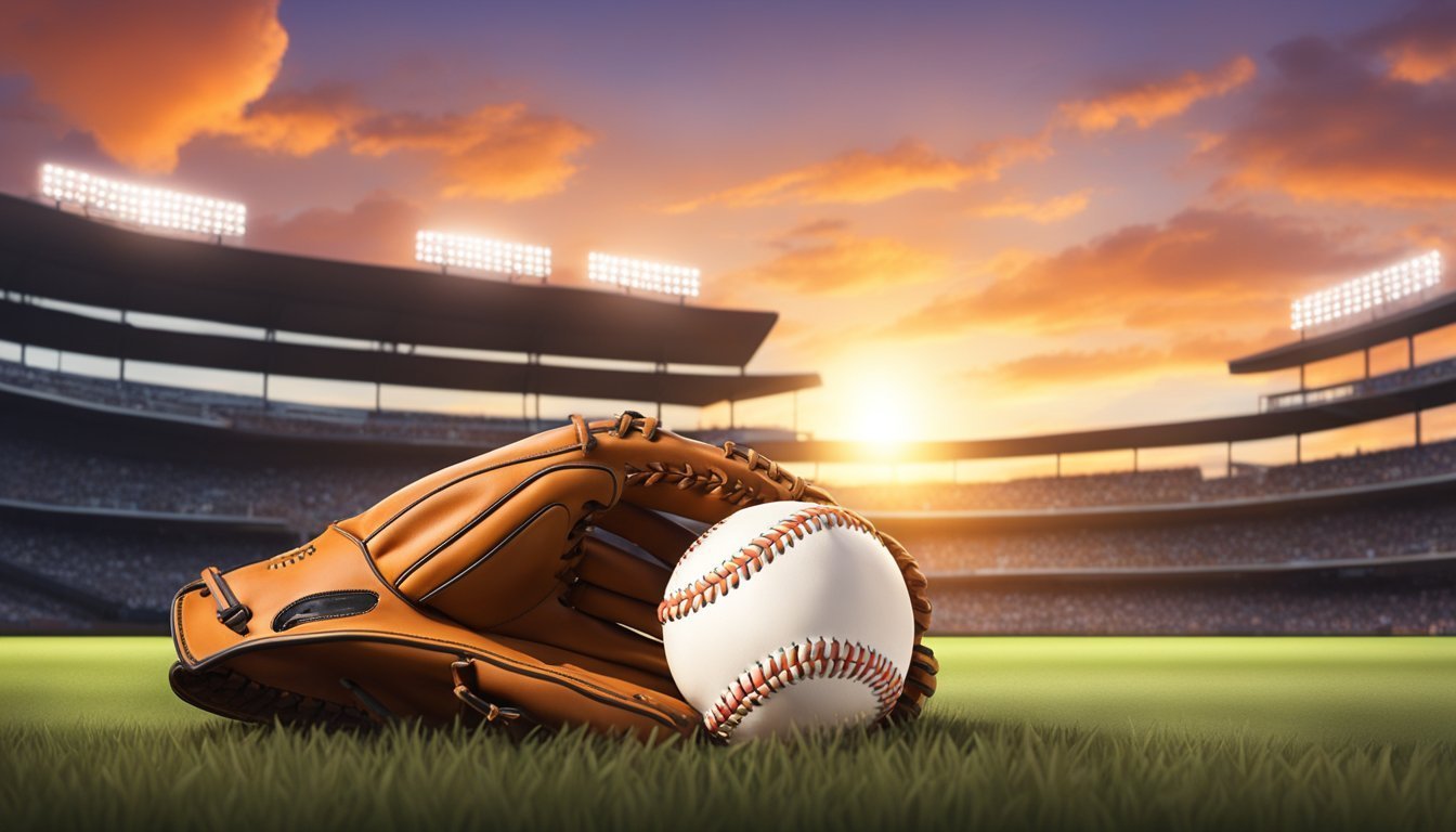 Baseball and glove on grass field with stadium and sunset