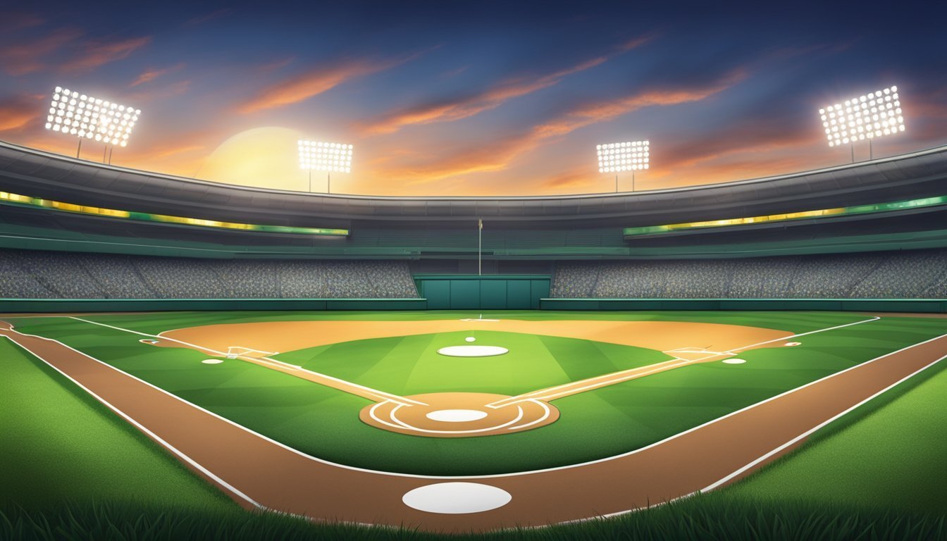 Baseball stadium at sunset, with bright lights and empty seats