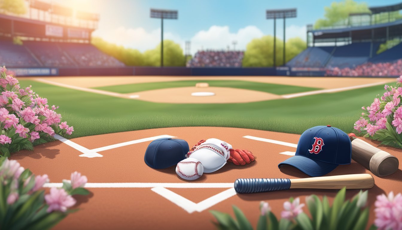 Baseball equipment on home plate with a stadium in the background