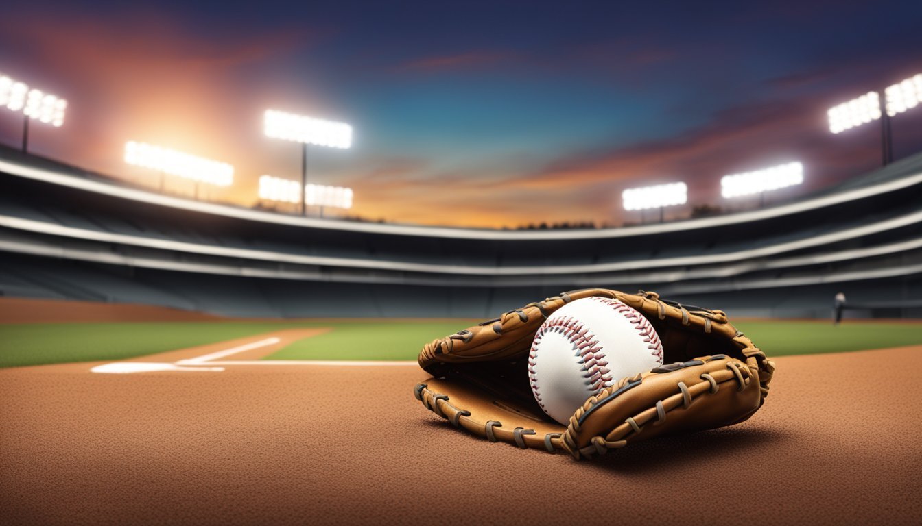 Baseball in a glove on a baseball field at sunset