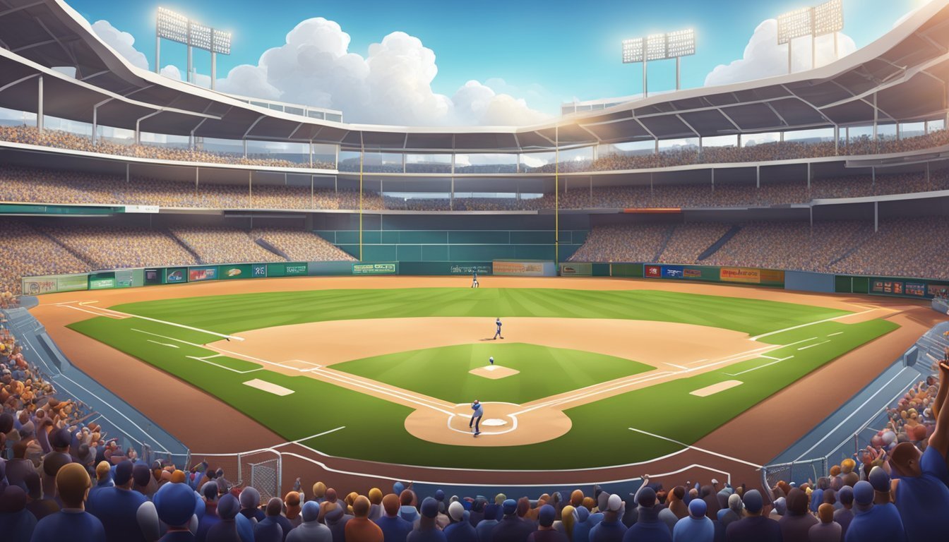 Baseball stadium with players on the field, fans in the stands, and bright lights