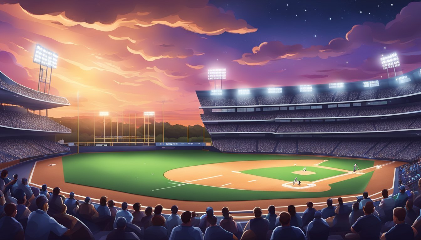 Baseball stadium at dusk with players on the field and a crowd