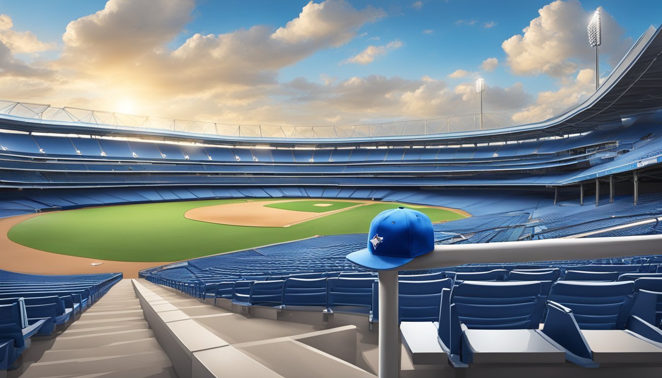 Baseball stadium with a Blue Jays hat on a railing, sunny sky