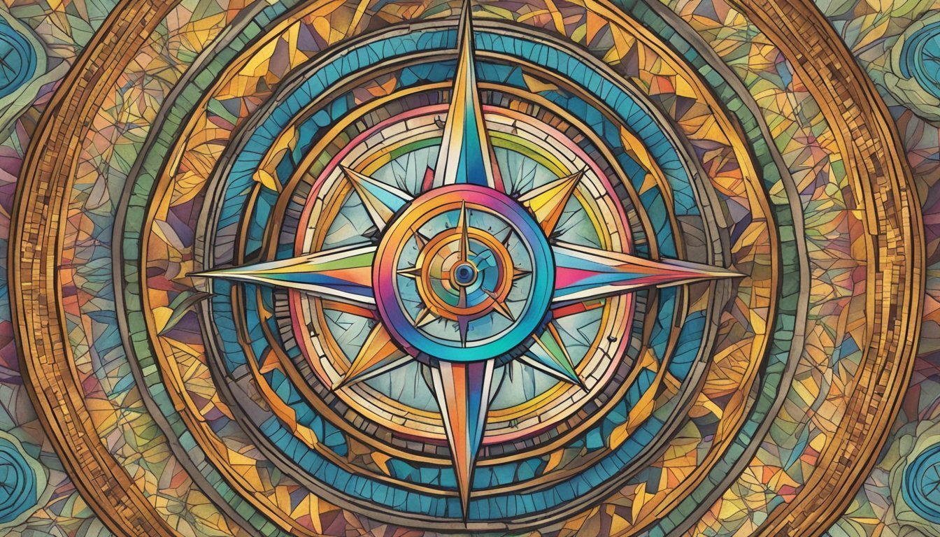 Colorful compass rose design with stained glass effect
