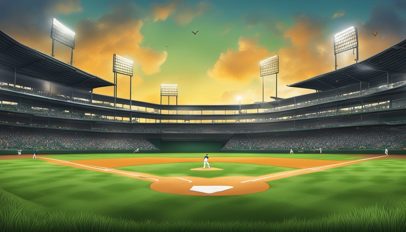Baseball stadium with players on the field, full stands, and a sunset sky