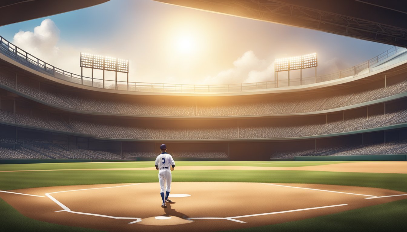 Baseball player on the field, looking at a stadium with bright lights