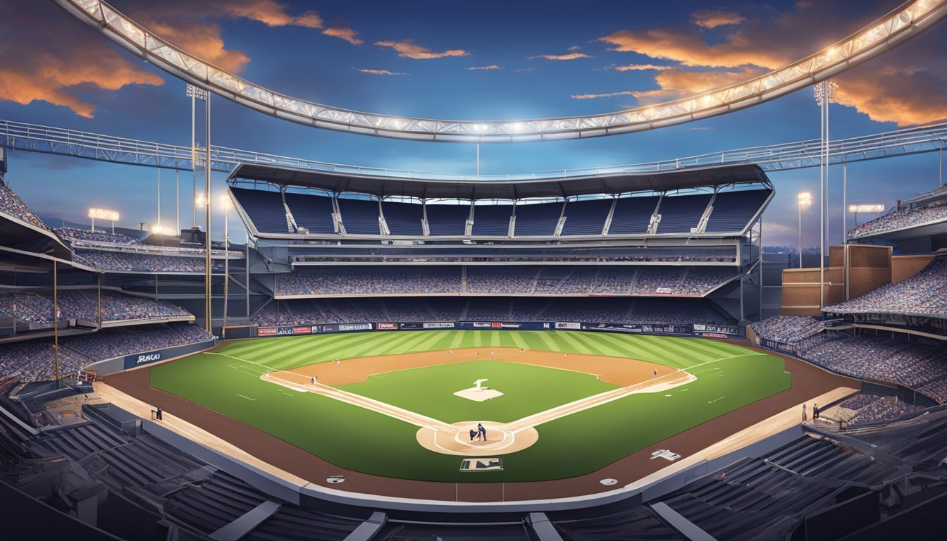 Baseball stadium with green field, blue seats, and a sunset sky