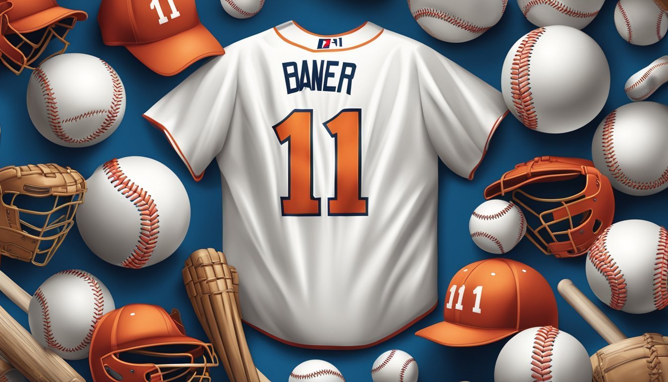 Baseball jersey with "BANER 11" surrounded by baseball equipment on blue background