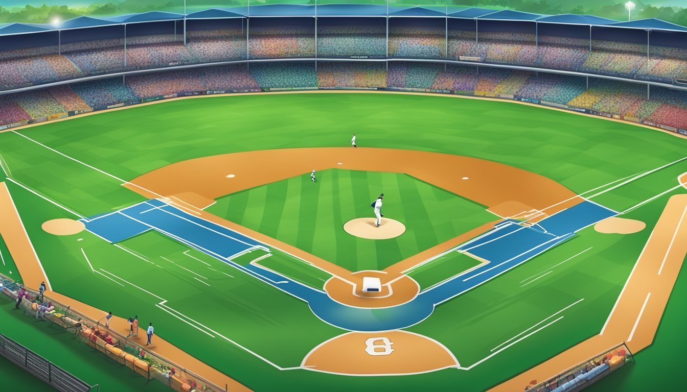 Baseball field with players, stadium seating, and a pitcher on the mound