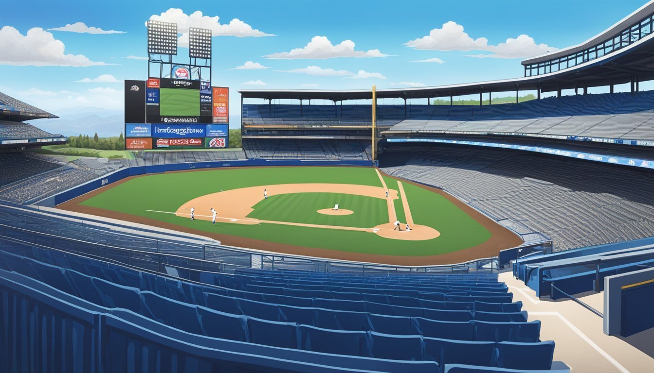 Baseball stadium with empty seats, green field, scoreboard, and players on the field