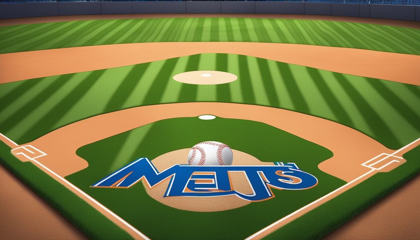 Baseball field with "Mets" logo and a baseball on the pitcher's mound
