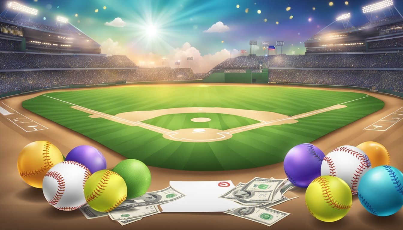 Baseball stadium with colorful baseballs, money, and a bright sky