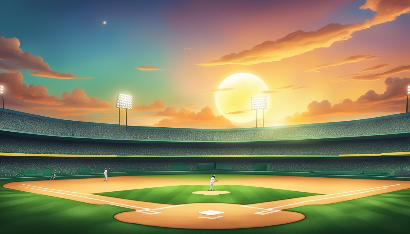 Baseball stadium at sunset with players on the field, large sun