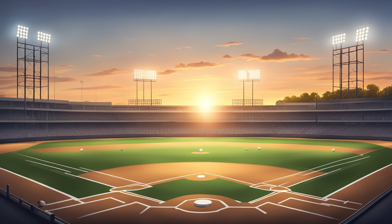 Baseball stadium at sunset with stadium lights and baseballs on field