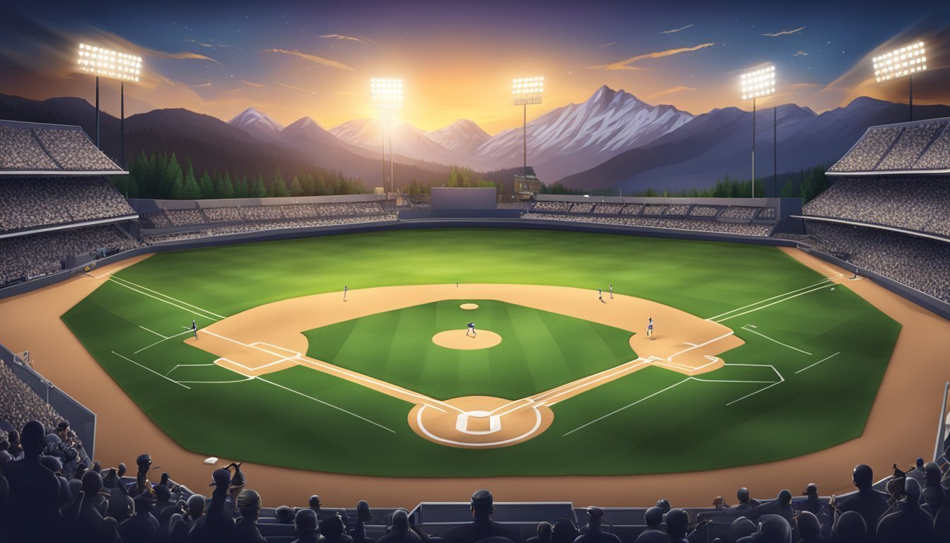 Baseball stadium with mountains in the background at sunset. Players on field