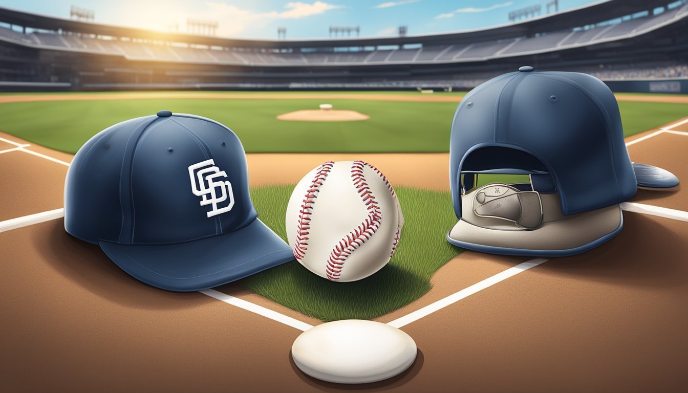 Baseball field with two hats, a baseball, and a catcher's mask